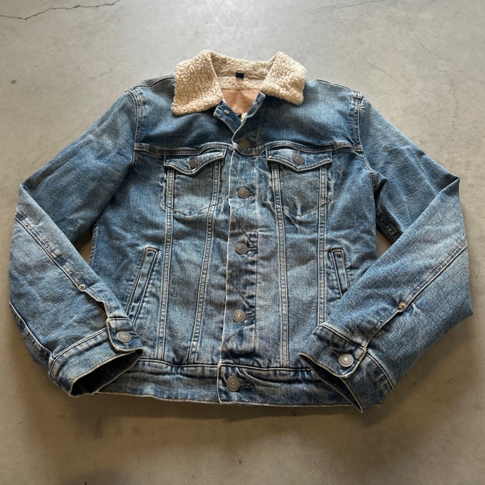American Eagle Flex Denim Sherpa Lined Trucker Jacket Blue XS J235
